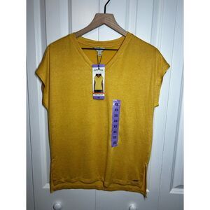 NWT Orvis Mustard Yellow V-Neck Short Sleeve Knit Tunic Top XS